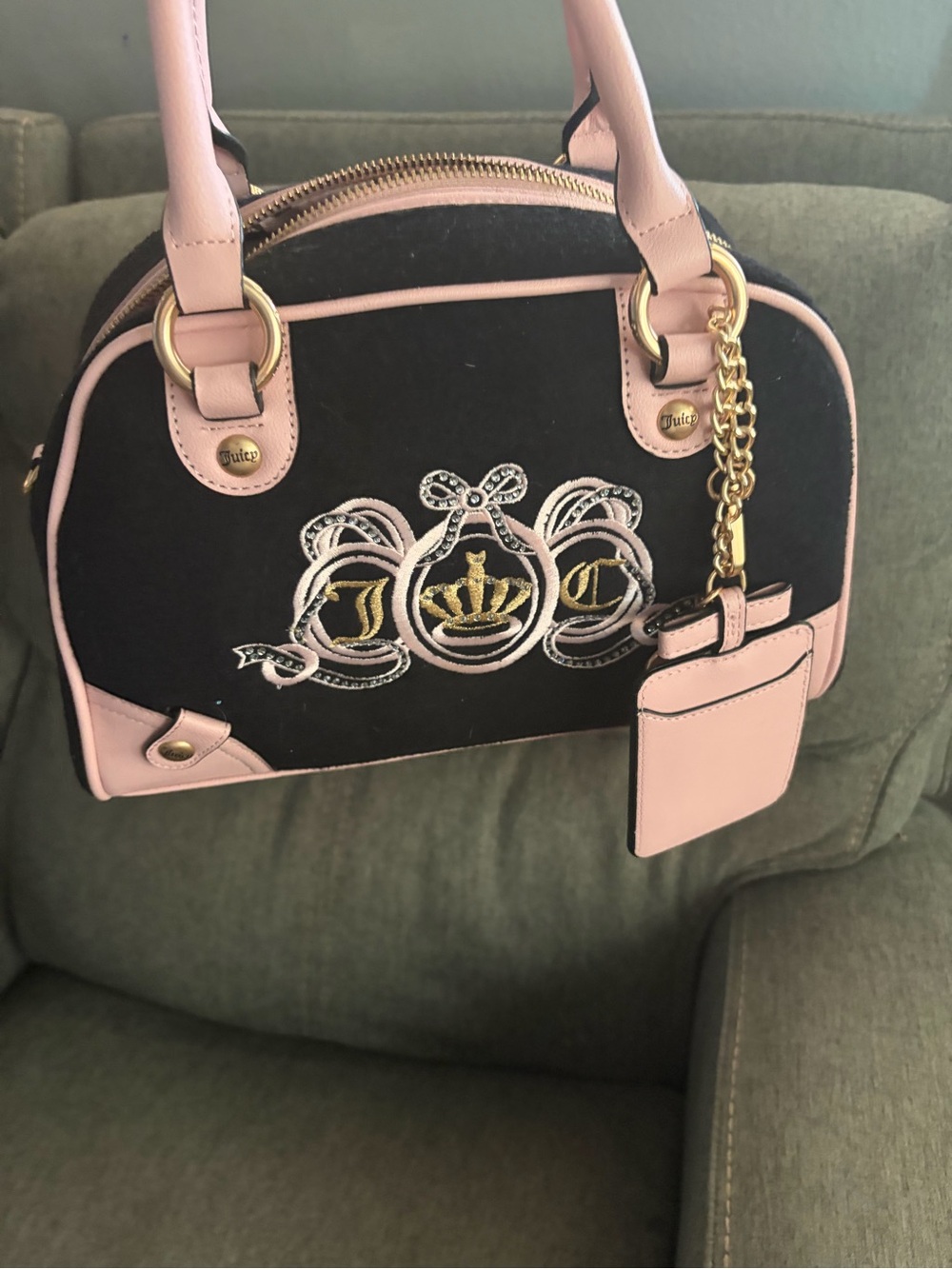 Juicy Couture Black and Light Pink Dome Satchel with Gold Hardware